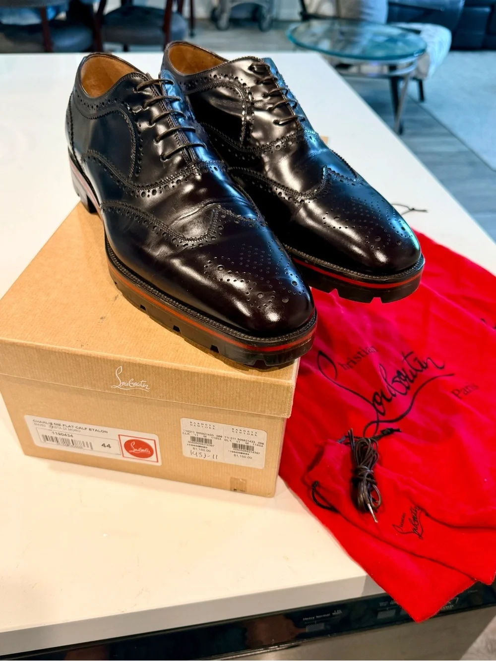Christian Louboutin Black Leather Wingtip Brogues with Red Accent